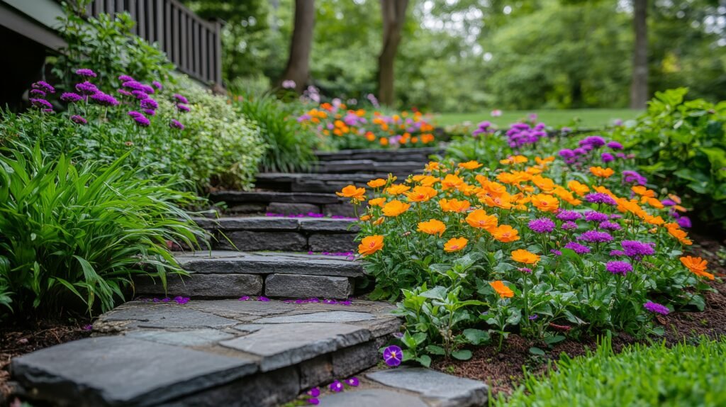 colorful flower garden pathway with wooden bench surrounded by vibrant blooms and greenery