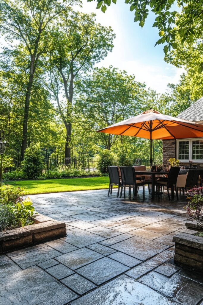 cozy outdoor dining area with an umbrella surrounded by greenery in a serene backyard setting